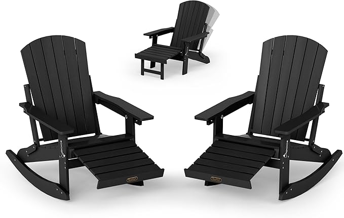 Adirondack Rocking Chair with Retractable Ottoman Set of 2, 4-in-1 Foldable Reclining Patio Chair, HDPE Wood-Look Outdoor Rocker for Porch, Garden & Poolside, Black