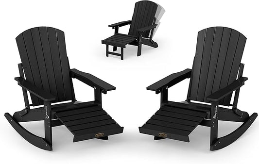 Adirondack Rocking Chair with Retractable Ottoman Set of 2, 4-in-1 Foldable Reclining Patio Chair, HDPE Wood-Look Outdoor Rocker for Porch, Garden & Poolside, Black