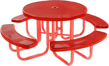 COATEDOUTDOORFURNITURE Heavy-Duty Portable Outdoor Picnic Table with Umbrella Hole, Punched Steel Commercial-Grade Patio Furniture Made in America (46" Round Top, Red with Red Frames)