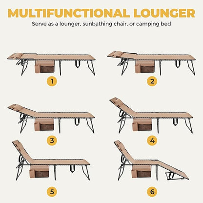Yaheetech 26.4" Outdoor Folding Tanning Chair, Chaise Lounge Chairs with 5 Back Position Adjustable, Extended Portable Lounger for Beach, Patio, Beige