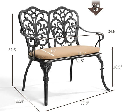 HOMEFUN Outdoor Bench, Patio Garden Benches Metal Loveseat Cast-Aluminum Outside Furniture for Park Lawn Front Porch Black