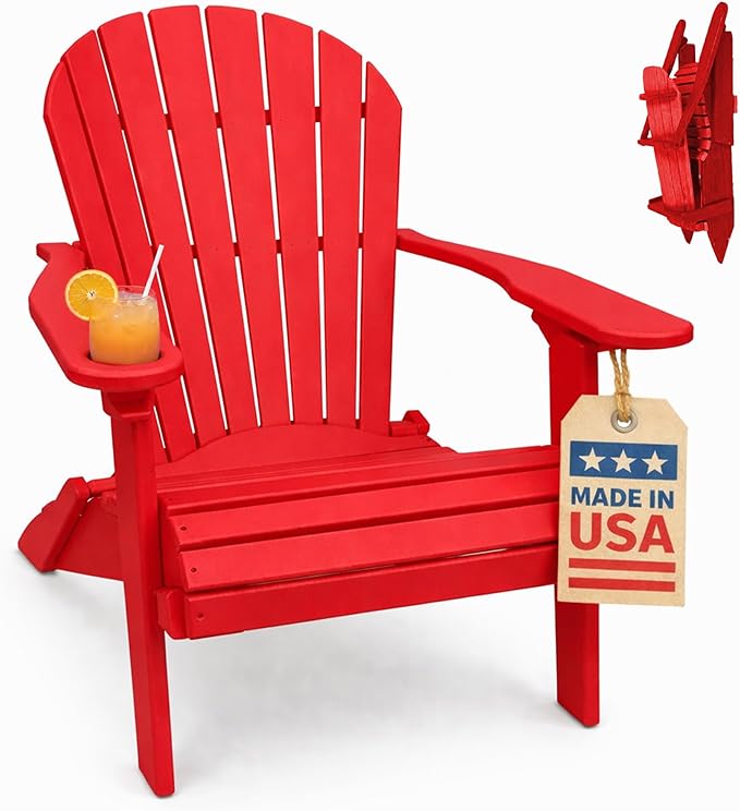 Ecommersify Folding Adirondack Chair with Cup Holder - (Bright Red) - Heavy Duty Recycled Poly Lumber Folding Chair - Amish Crafted Outdoor Furniture - Made in USA