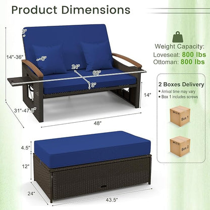LDAILY Moccha Outdoor Wicker Daybed, Patio Rattan Loveseat Sofa w/ 4-Level Adjustable Backrest, Folding Panels, Storage Ottoman & Cushions, Lounge Furniture Set for Poolside Backyard Porch (Navy)