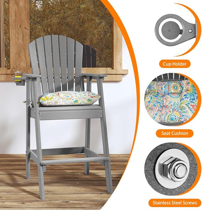 Sundale Outdoor Adirondack Bar Stool, Patio HDPE Bar Chair with Backrest, 30 Inch Seat Height Tall Bistro Dining Counter Stool with Cushion, All-Weather Pub Height Chair, Gray