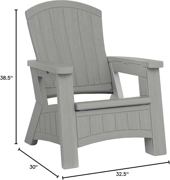 Suncast Outdoor Patio Adirondack Chair with 8 Gallons of Under-Seat Storage, Stylish Faux Wood Outdoor Storage Chair, Dove Gra