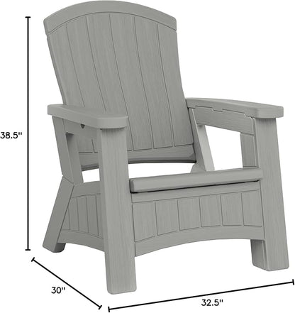 Suncast Outdoor Patio Adirondack Chair with 8 Gallons of Under-Seat Storage, Stylish Faux Wood Outdoor Storage Chair, Dove Gra