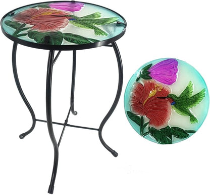 Outdoor Side Table Hummingbird Round Small Patio Accent Table Indoor End Table for Yard, Garden, Living Room, Bistro Balcony or Lawn