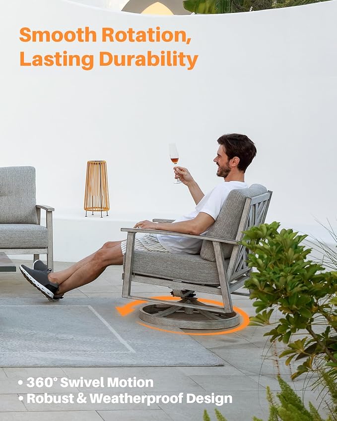 3 Pieces Outdoor Patio Bistro Set, Aluminum Swivel Chairs Patio Furniture Set with Thick Cushions, All Weather Patio Conversation Set with Side Table for Backyard, Balcony, Lawn, White Oak