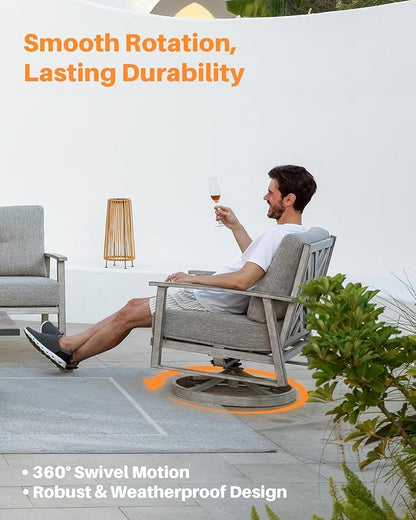 3 Pieces Outdoor Patio Bistro Set, Aluminum Swivel Chairs Patio Furniture Set with Thick Cushions, All Weather Patio Conversation Set with Side Table for Backyard, Balcony, Lawn, White Oak
