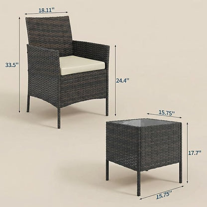 GarveeHome 3-Piece Patio Bistro Set, PE Rattan Outdoor Conversation Furniture with 2 Cushioned Chairs & Coffee Table, Weather-Resistant for Backyard, Balcony, Porch (Beige Cushion)