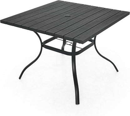 37" Plastic Top Square Patio Dining Table 3ft for 4 Person with Metal Steel Leg, Wood-Like Grain and Umbrella Hole, Outdoor Furniture - Black