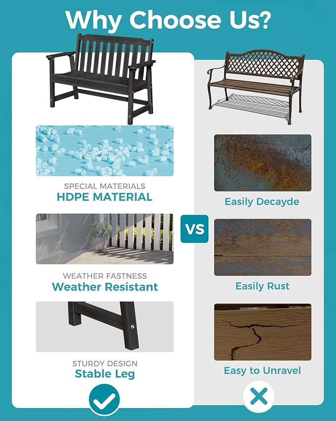 Outdoor Bench, 2-Person HDPE Garden Bench, All Weather Poly Patio Bench for Outdoors, Garden, Backyard, Porch and Park - Photo 4