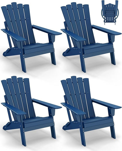 GREENVINES Folding-Adirondack-Chairs-Set-of-4 | HDPE Plastic | Throne Series | Fire Pit Chair | All Weather | for Outdoor Patio Deck Backyard Poolside | Blue