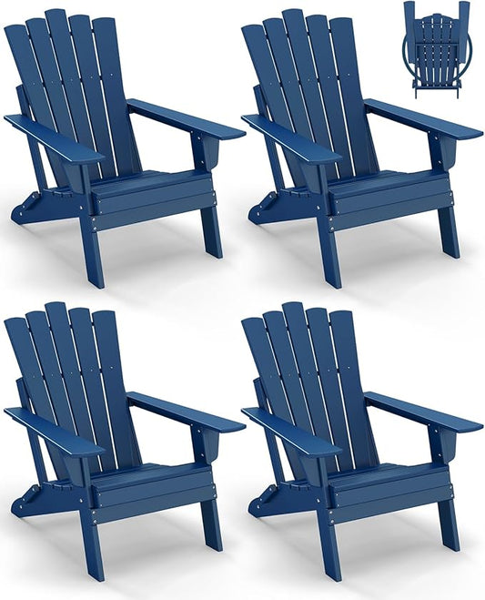 GREENVINES Folding-Adirondack-Chairs-Set-of-4 | HDPE Plastic | Throne Series | Fire Pit Chair | All Weather | for Outdoor Patio Deck Backyard Poolside | Blue