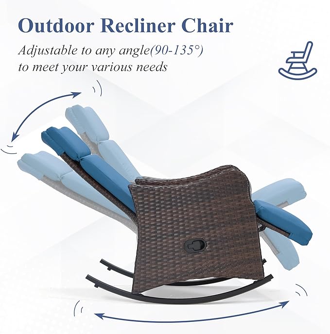 HOMREST Outdoor Recliners for Patio Set of 2, Wicker Rocking Chairs with Extended Footrest & Removable Cushion - Photo 4