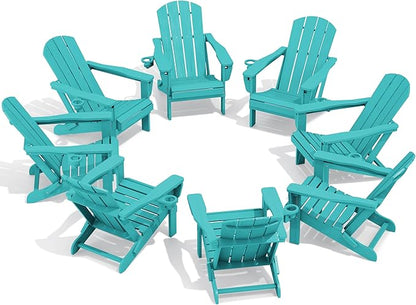 SERWALL Folding Adirondack Chair Set of 8, Adjustable Adirondack Chair with 3 Recline Positions, All Weather HDPE Outdoor Adirondack with Cup Holders, Aruba