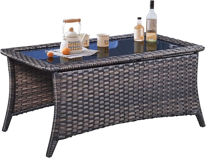 Belord Patio Coffee Table Outdoor Rectangular Glass Table, Handwoven Rattan Patio Furniture Brown Wicker Coffee Table Compatible with Patio Chairs and Sofa Sets for Backyard Sunroom Outside Lawn