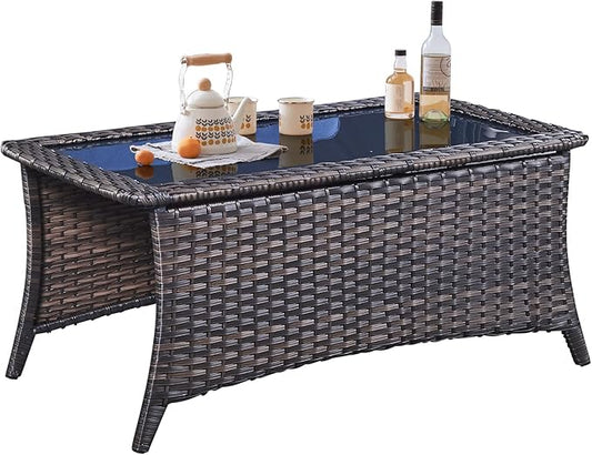 Belord Patio Coffee Table Outdoor Rectangular Glass Table, Handwoven Rattan Patio Furniture Brown Wicker Coffee Table Compatible with Patio Chairs and Sofa Sets for Backyard Sunroom Outside Lawn