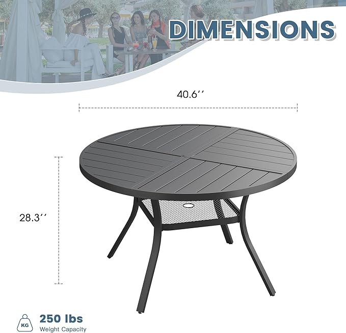 DIFY 40.6" Round Outdoor Patio Dining Table for 4, Metal Patio Table with 1.57" Adjustable Umbrella Hole, All-Weather Outdoor Furniture Table for Garden Backyard Deck, Black