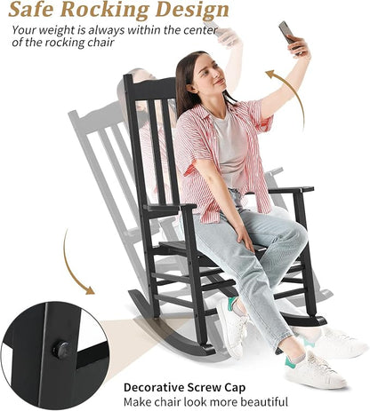 Outdoor Porch Rocker Chairs,Weather Resistant Wood Rocking Chair for Adults,Modern Rocking Accent Chairs,Indoor Outside Furniture Rocker,with Armrest,for Garden Lawn Backyard Poolside Deck (Black)
