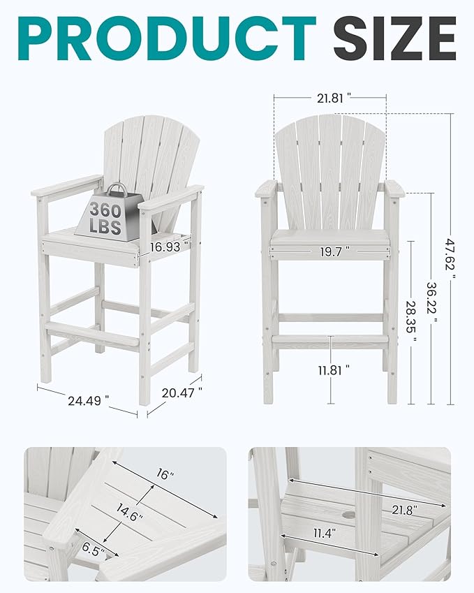 SERWALL Tall Adirondack Chairs Set of 4 with Double Layer Connecting Tray, HDPE Bar Height Outdoor Chairs - Photo 2