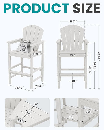SERWALL Tall Adirondack Chairs Set of 4 with Double Layer Connecting Tray, HDPE Bar Height Outdoor Chairs, Wood-Like Adirondack Bar Stools for Patio, Balcony, Porch, White