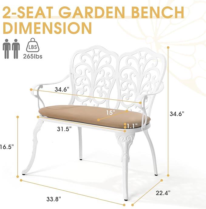 Outdoor Bench with Cushion, Cast Aluminum Double Seating with Backrest and Armrests, Mental Outdoor Furniture for Patio, Porch, Garden, Park, White Butterfly