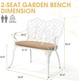 Outdoor Bench with Cushion, Cast Aluminum Double Seating with Backrest and Armrests, Mental Outdoor Furniture for Patio - Photo 2
