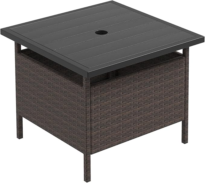 Giantex Umbrella Table, Outdoor Side Table with 2" Umbrella Hole, Rattan Umbrella Stand Holder, Heavy Duty Metal Frame, Patio Bistro Table for Deck Garden Poolside (HDPE Tabletop)