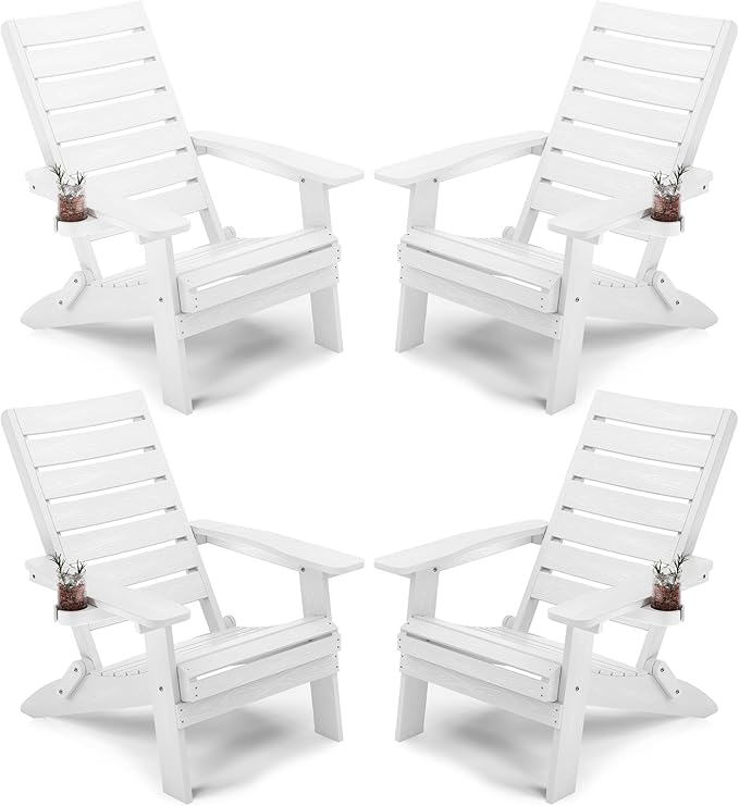 YEFU Adirondack Chair, Folding Adirondack Chairs Set of 4 with Arc Back & Cup Holder, Weather Resistant Plastic Oversized Chair for Outdoor Patio Lawn Garden Backyard Deck Fire Pit, White