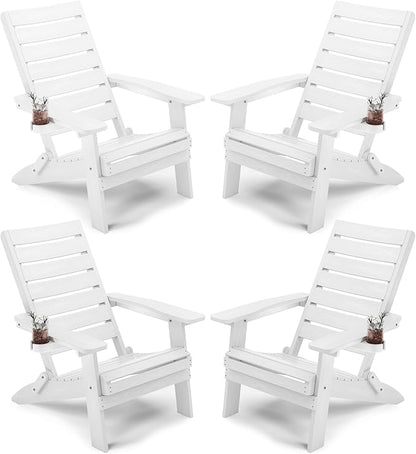 YEFU Adirondack Chair, Folding Adirondack Chairs Set of 4 with Arc Back & Cup Holder, Weather Resistant Plastic Oversized Chair for Outdoor Patio Lawn Garden Backyard Deck Fire Pit, White
