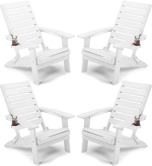 YEFU Adirondack Chair, Folding Adirondack Chairs Set of 4 with Arc Back & Cup Holder, Weather Resistant Plastic Oversized Chair for Outdoor Patio Lawn Garden Backyard Deck Fire Pit, White
