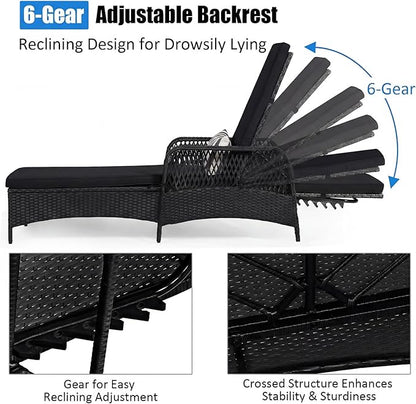 Tangkula Wicker Chaise Lounge Outdoor, Patio Rattan Reclining Chaise with 6-Gear Adjustable Backrest, Thick Padded Cushion & Removable Lumbar Pillow, Pool Lounge Chairs (1, Black + Black)