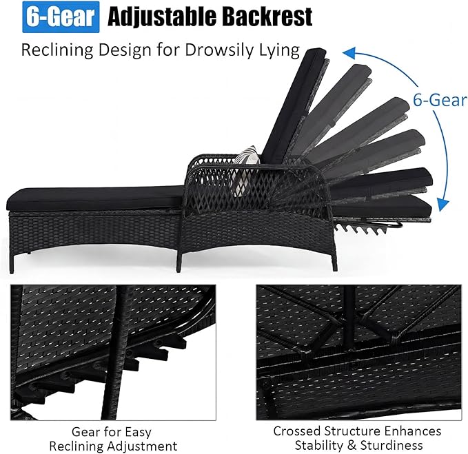 COSTWAY PE Rattan Chaise Lounge Chair, 6 Gear Adjustable Recliner with Armrest & Pillow, Wicker Outdoor Furniture for Deck, Patio (1, Black+White)