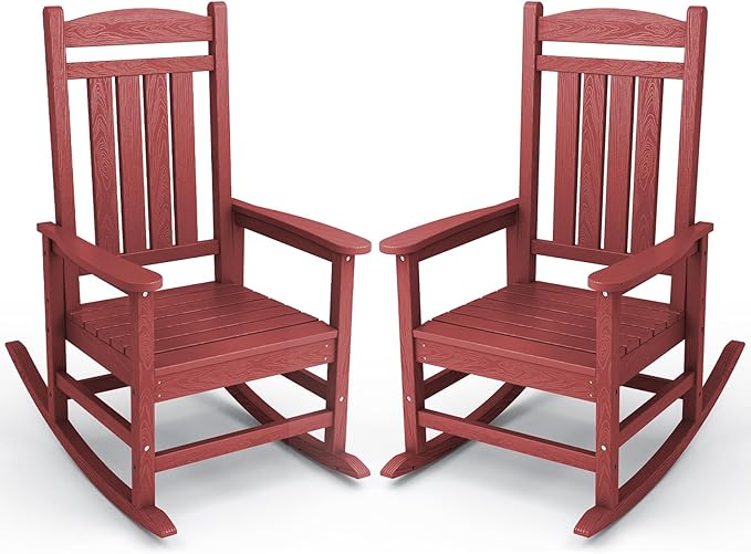 KINGYES Outdoor Rocking Chair Set of 2, HDPE Patio Rocking Chairs with 330lbs Support for Adults, Dark Red