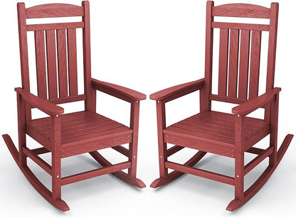 KINGYES Outdoor Rocking Chair Set of 2, HDPE Patio Rocking Chairs with 330lbs Support for Adults, Dark Red