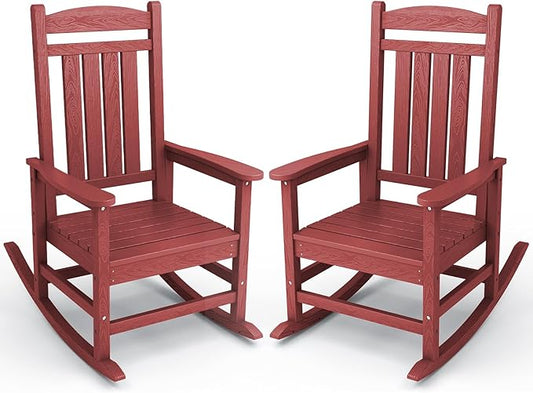KINGYES Outdoor Rocking Chair Set of 2, HDPE Patio Rocking Chairs with 330lbs Support for Adults, Dark Red