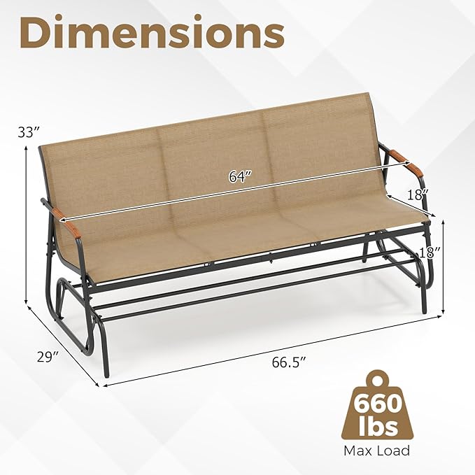 Tangkula 3-Person Outdoor Glider Bench, Patio Gliding Loveseat with Breathable Fabric Seat - Photo 3