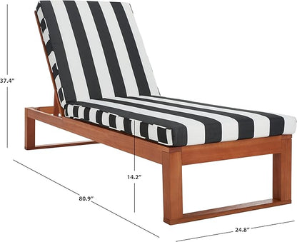 SAFAVIEH Outdoor Collection Solano Natural Brown Solid Wood/Navy Blue & White Stripe Cushion Patio Adjustable Chaise Lounge Chair (PAT7024H)