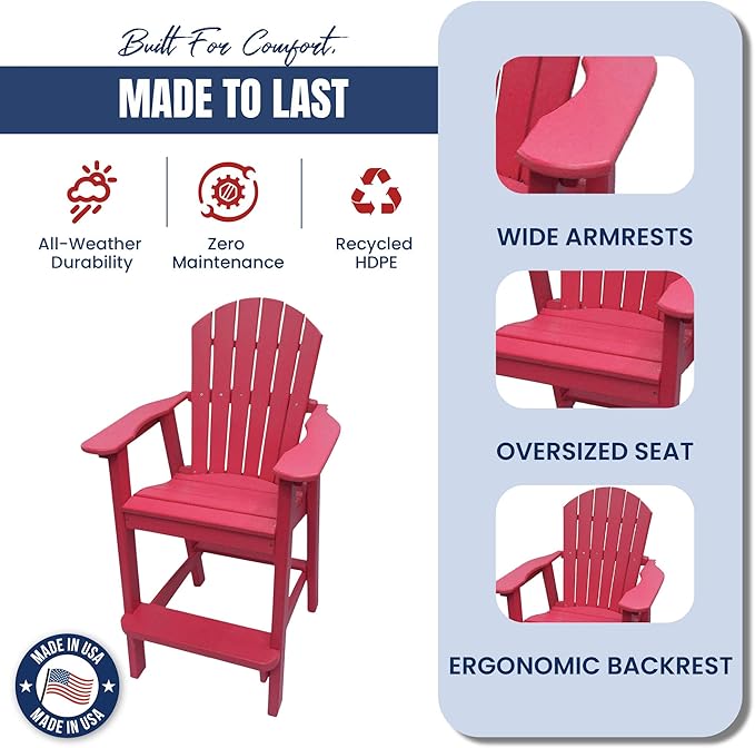 Phat Tommy Tall Adirondack Chair - HDPE Outdoor Furniture - Poly Adirondack Bar Stool - Heavy, Stress Free Furniture for Balcony, Deck, Patio, Front Porch, Cranberry Red