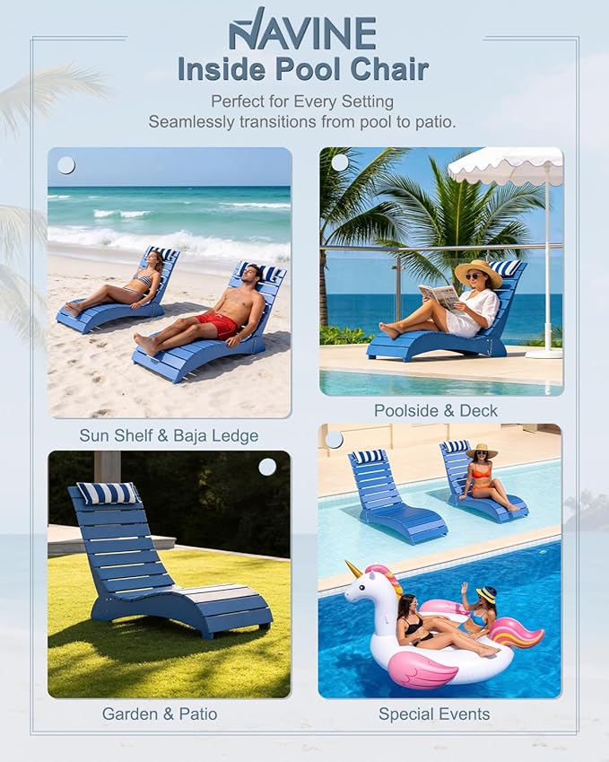 Pool Lounge Chairs, HDPE Adjustable Chaise Chairs with Headrest, Weighted Fade-Resistant Pool Chairs and Lounger for Baja Ledge，Poolside and Deck, Navy Blue