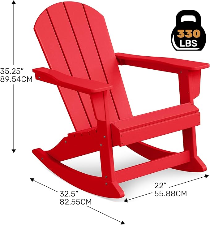 Costaelm Outdoor Adirondack Chair Set of 2, All Weather Resistant Classic Balcony Chair and Fire Pit Chairs, Adirondack Plastic Outdoor Porch Furniture Rocking Chair High Back HDPE Poly Lumber, Red