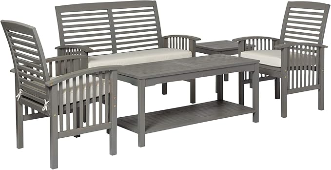 Walker Edison AZGWLSCH5GW Portofino 5 Piece Slat Back Patio Chat Set with UV Resistant Cushions, Grey Wash - Photo 5