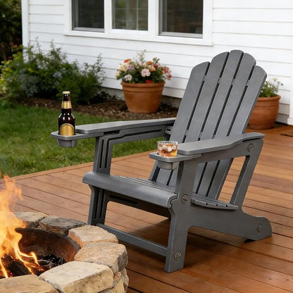 PURPLE LEAF Adirondack Chair with 24.6" Oversized Seat and Dual Cup Holders All Weather Wood-Like HDPE Outdoor Fire Pit Chair for Patio Garden Deck Backyard Porch, Gray