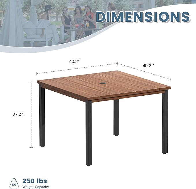 DIFY 40.2" Square Outdoor Dining Table for 4, Slatted Metal Patio Table with Adjustable Umbrella Hole, All-Weather Patio Dining Table for Garden Backyard Deck, Walnut Tabletop
