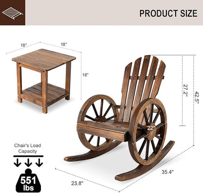 3 PCs Patio Rocking Chair Set, Outdoor Wooden Rocker Bistro Set with Coffee Table Wagon Wheel Rustic Chairs for Garden Country Yard