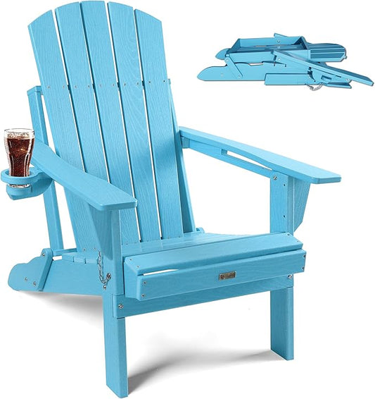 Adirondack Chair with Cup Holder: Folding Adirondack Chairs Plastic HDPE Material Furniture - Composite Fire Pit Chairs Foldable for Outdoor/Backyard/Garden/Lawn/Deck/Porch/Patio