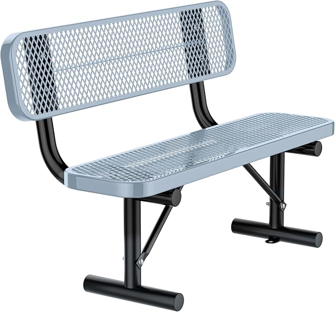 4 Feet Heavy Duty Park Bench with Back Portable Frame, Outdoor Steel Bench with Backrest, Expanded Metal Mesh Bench for Lawn, Park, Deck, Garden, Patio, Porch, Grey