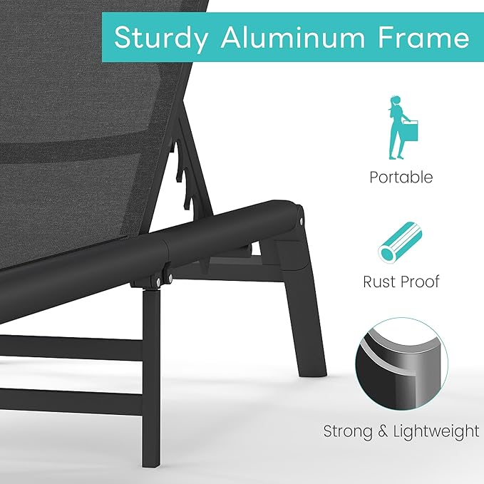 Outdoor Chaise Lounge Chairs Set of 2, No Assembly Required, 5-Position Adjustable Backrest, Foldable Lightweight Patio Lounge for Poolside, Deck, Lawn & Beach, Dark Grey