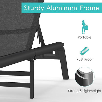 Outdoor Chaise Lounge Chairs Set of 2, No Assembly Required, 5-Position Adjustable Backrest, Foldable Lightweight Patio Lounge for Poolside, Deck, Lawn & Beach, Dark Grey